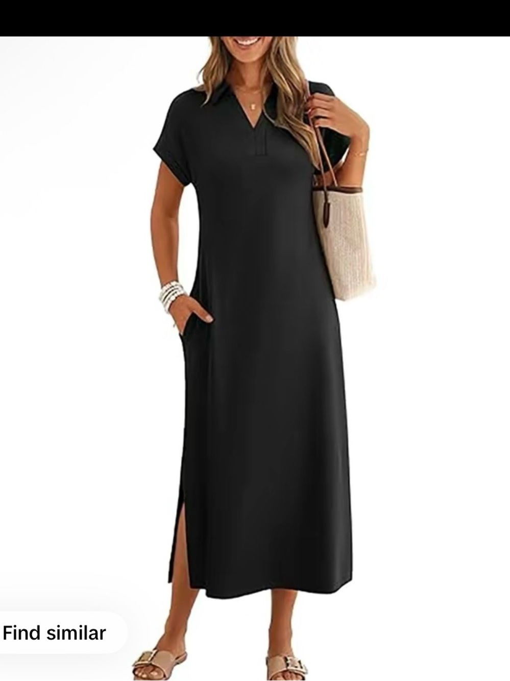 Black Short-Sleeve Maxi Dress with Side Slit